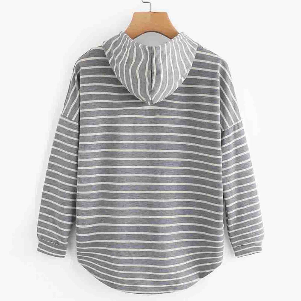 Women's striped pullover hoodie with drawstring hood and curved hem