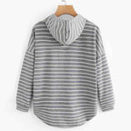 Women's striped pullover hoodie with drawstring hood and curved hem