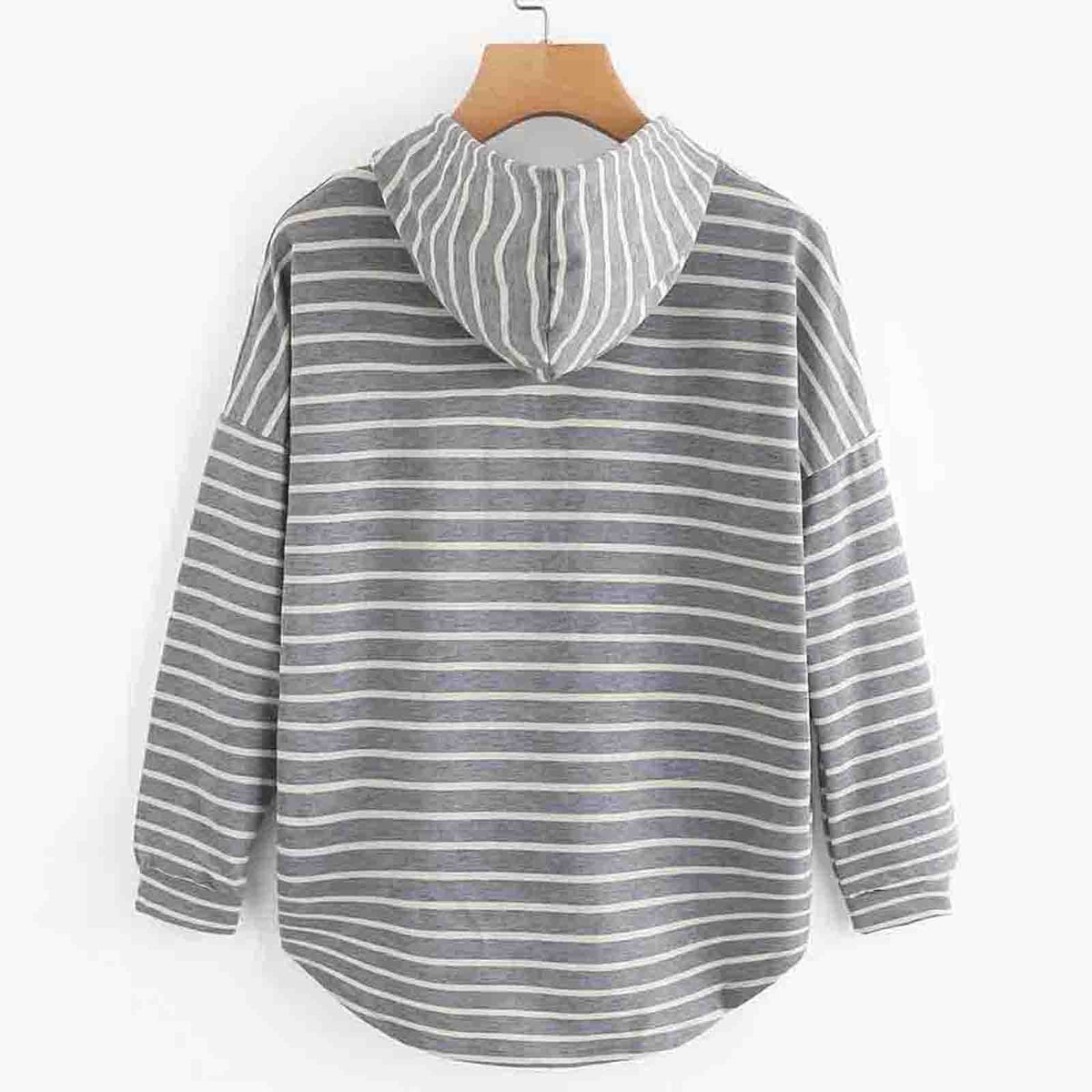 Women's striped pullover hoodie with drawstring hood and curved hem