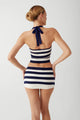 Women's blue and white striped knit mini skort with high waistband