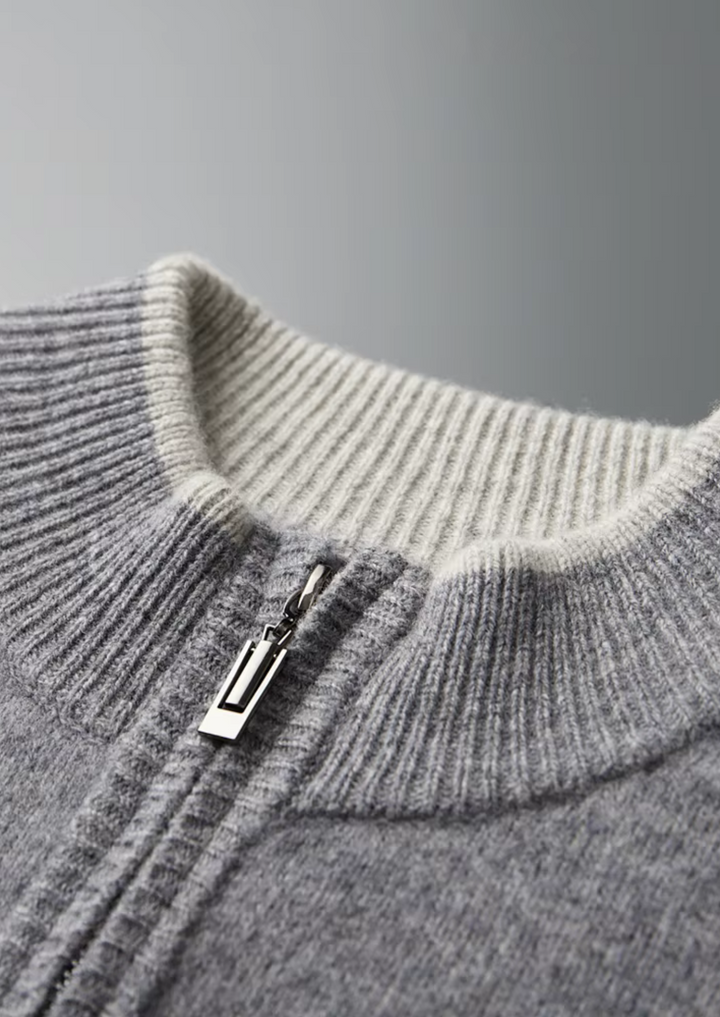Men's two-tone grey knit tracksuit set with a zip jacket and drawstring trousers