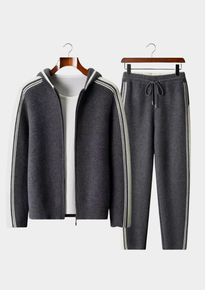 Men's dark grey knit hooded tracksuit set with contrast stripes on the sleeves and legs