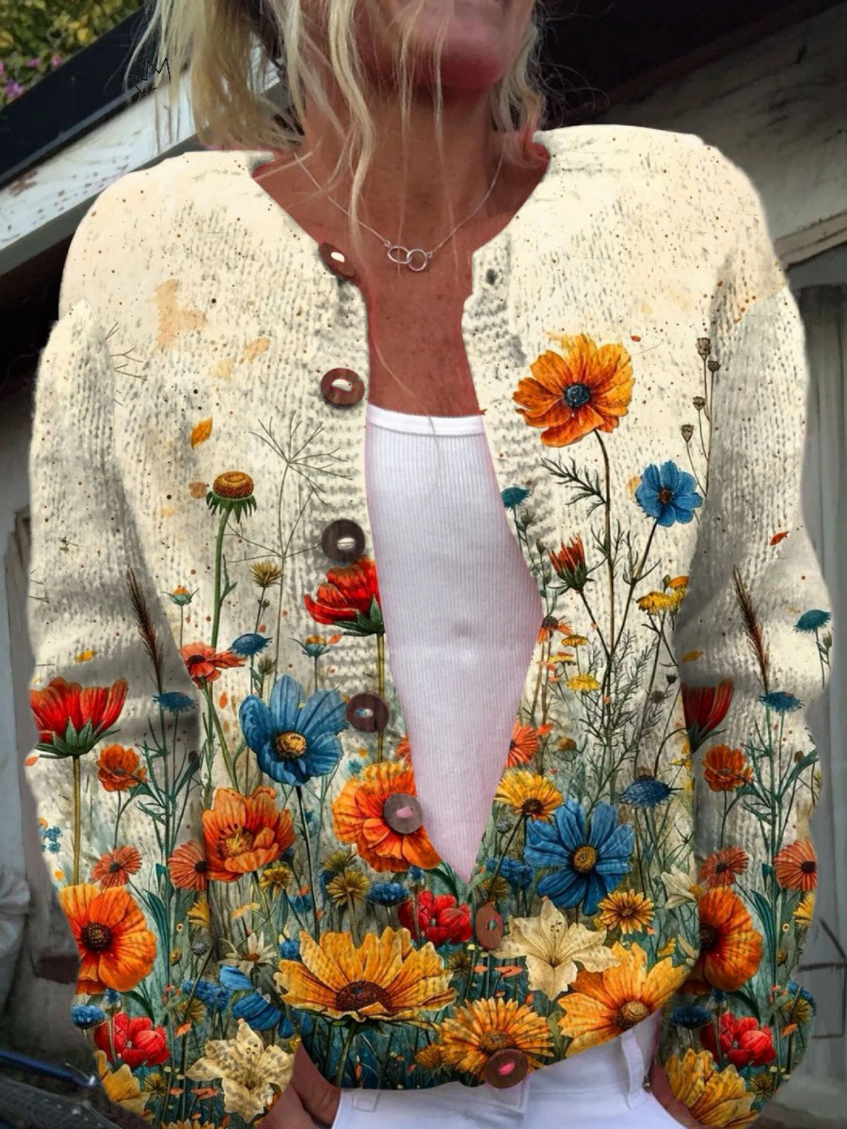 Women's multicoloured floral cardigan with long sleeves and front buttons