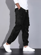 Men's corduroy cargo trousers with drawstring waist and cuffed hems