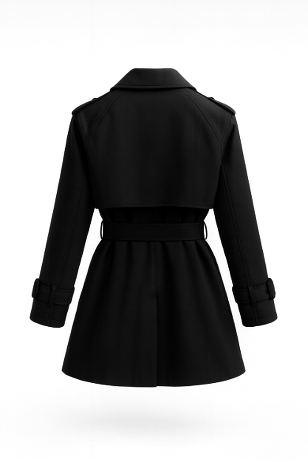 Women's belted double-breasted trench coat with long sleeves and notched collar