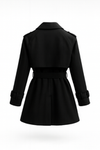 Women's belted double-breasted trench coat with long sleeves and notched collar