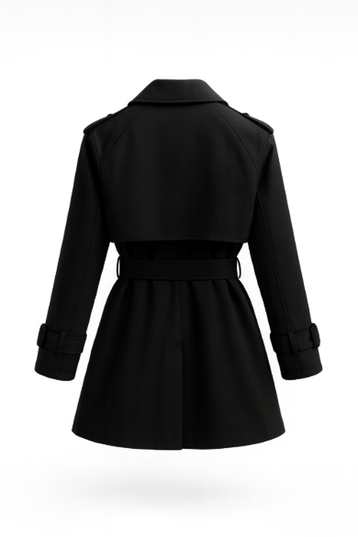 Women's belted double-breasted trench coat with long sleeves and notched collar
