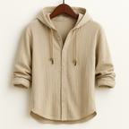 Hooded button-front shirt with long sleeves and curved hem