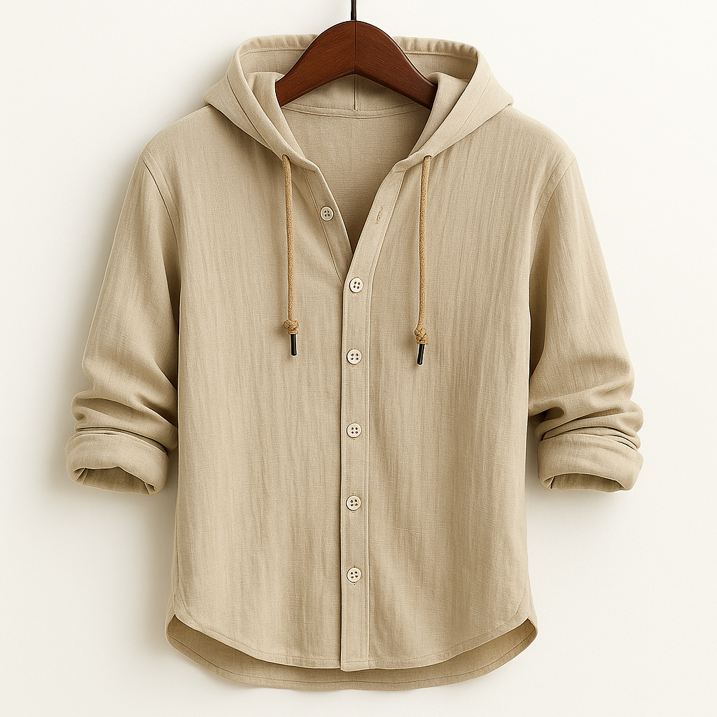 Hooded button-front shirt with long sleeves and curved hem