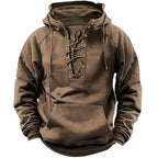 Men's long-sleeved hooded sweatshirt with lace-up front and pouch pocket
