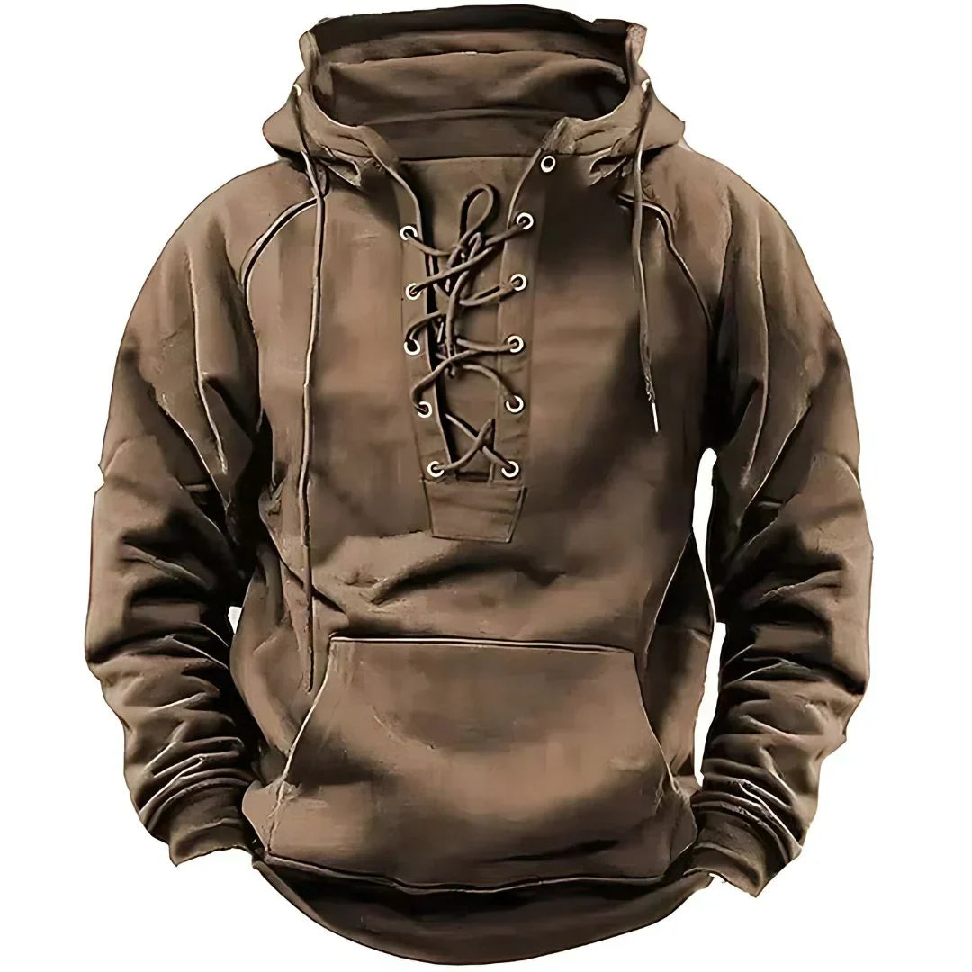 Men's long-sleeved hooded sweatshirt with lace-up front and pouch pocket