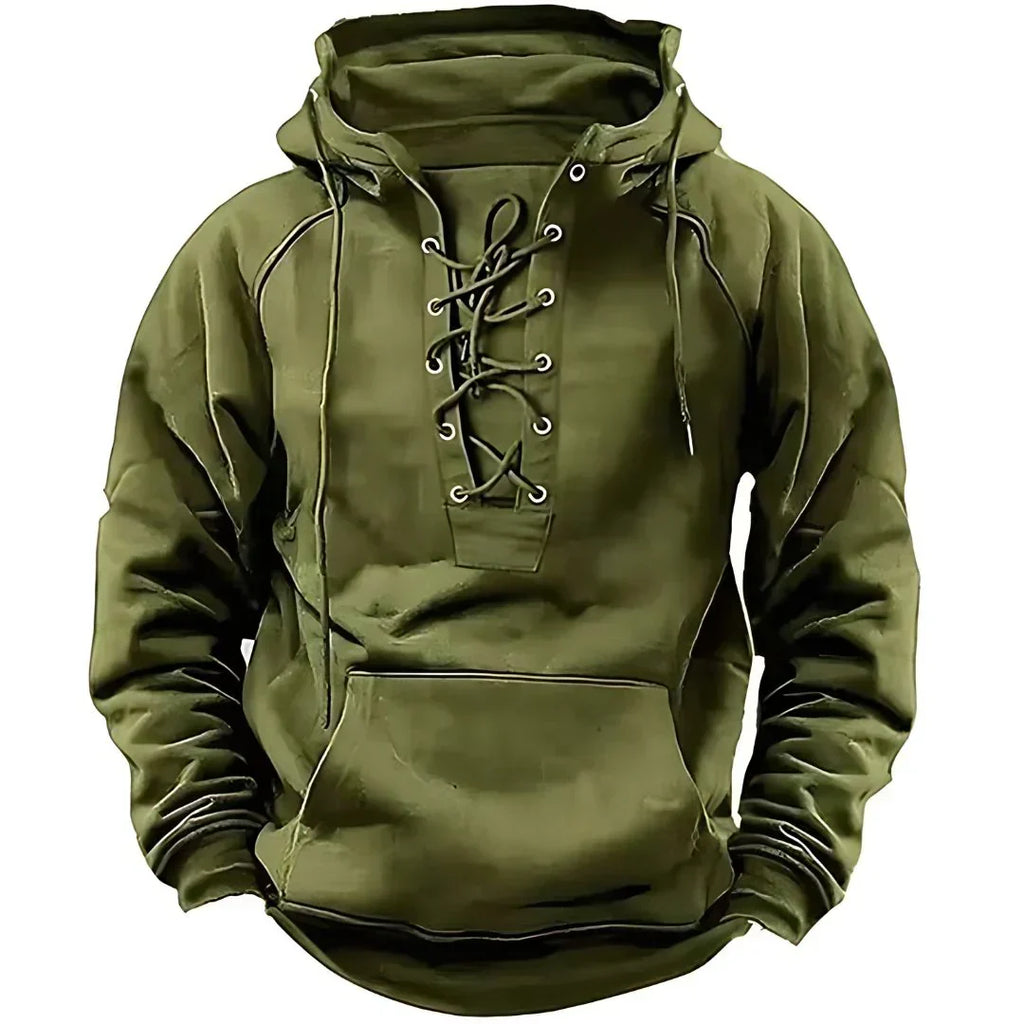 Men's long-sleeved hooded sweatshirt with lace-up front and pouch pocket