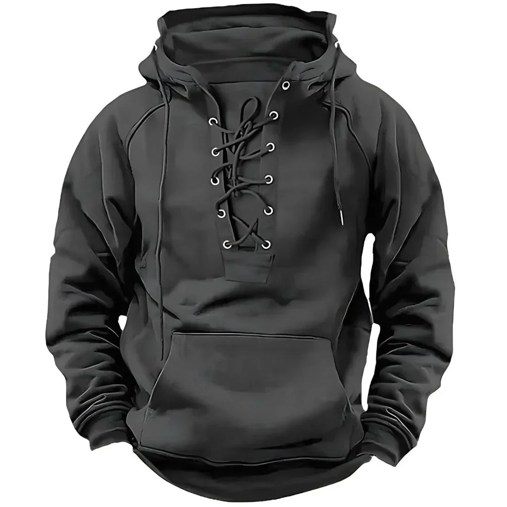 Men's long-sleeved hooded sweatshirt with lace-up front and pouch pocket