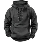 Men's long-sleeved hooded sweatshirt with lace-up front and pouch pocket