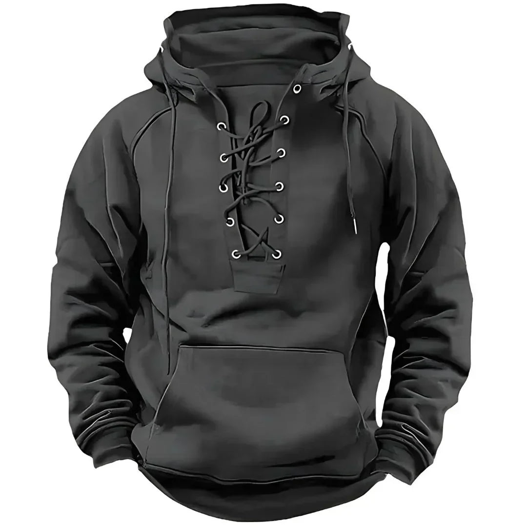 Men's long-sleeved hooded sweatshirt with lace-up front and pouch pocket