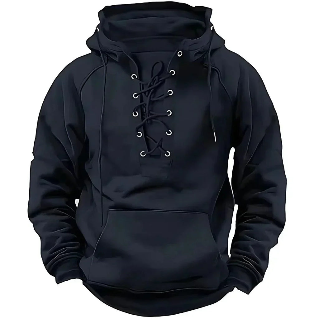 Men's long-sleeved hooded sweatshirt with lace-up front and pouch pocket