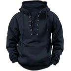 Men's long-sleeved hooded sweatshirt with lace-up front and pouch pocket
