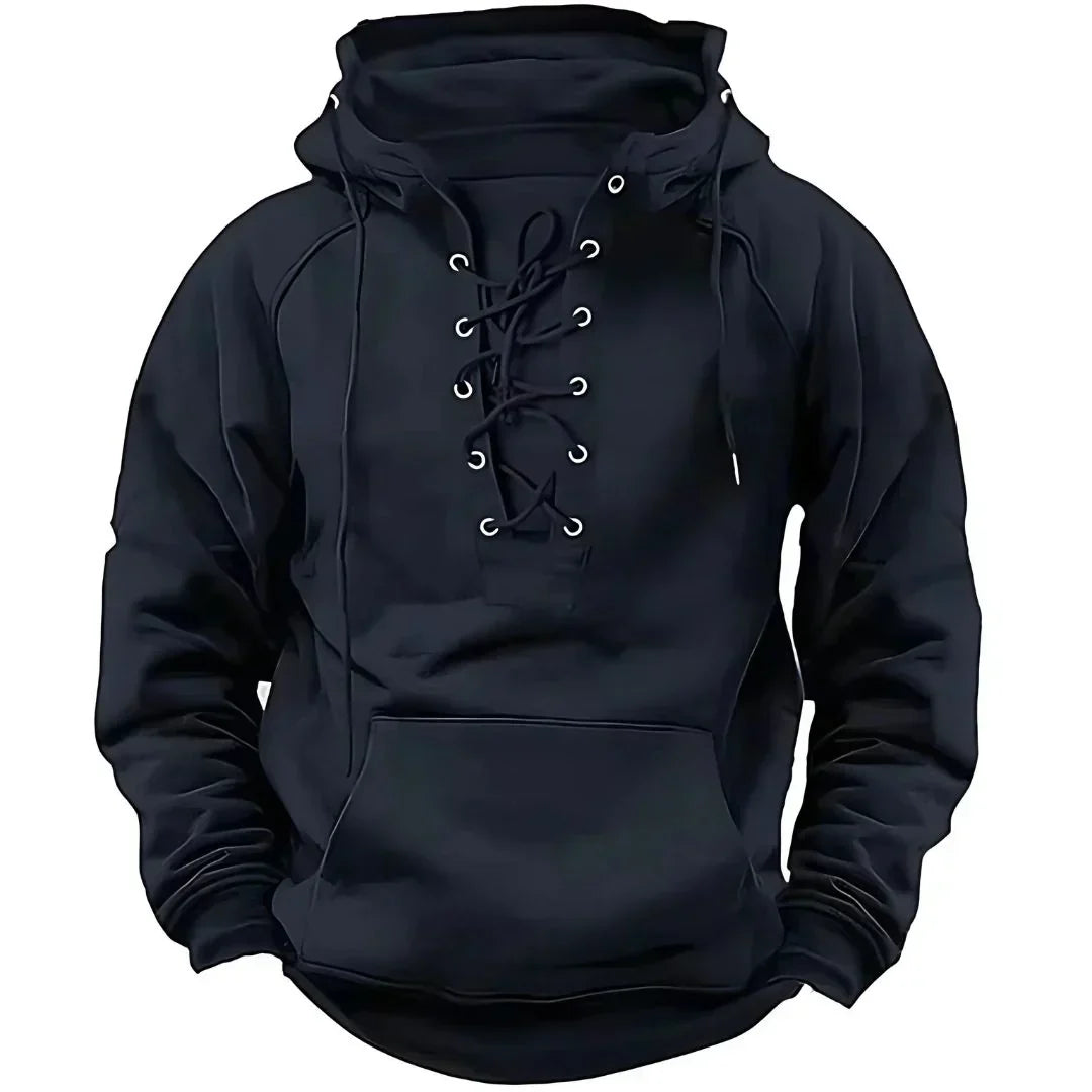 Men's long-sleeved hooded sweatshirt with lace-up front and pouch pocket