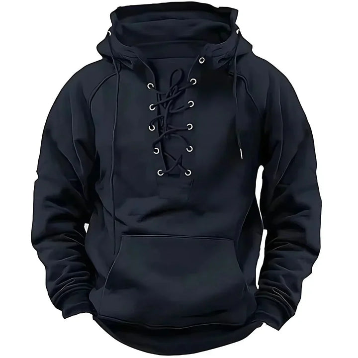 Men's long-sleeved hooded sweatshirt with lace-up front and pouch pocket