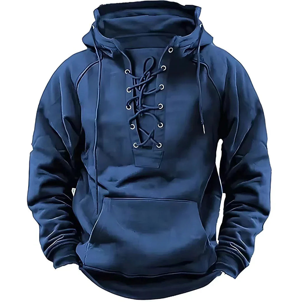 Men's long-sleeved hooded sweatshirt with lace-up front and pouch pocket