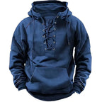Men's long-sleeved hooded sweatshirt with lace-up front and pouch pocket