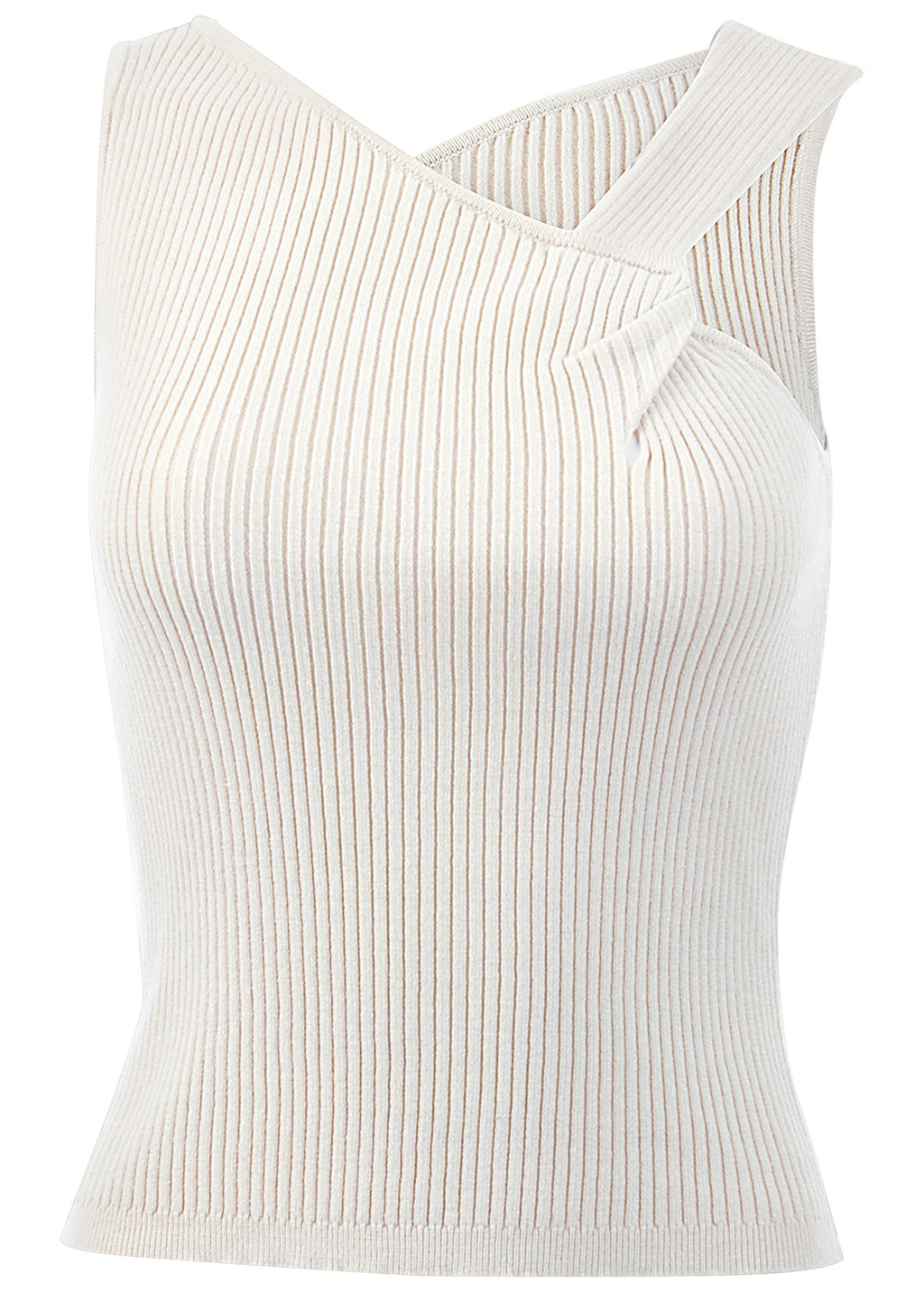 Women's white ribbed sweater tank top with asymmetric twist neckline