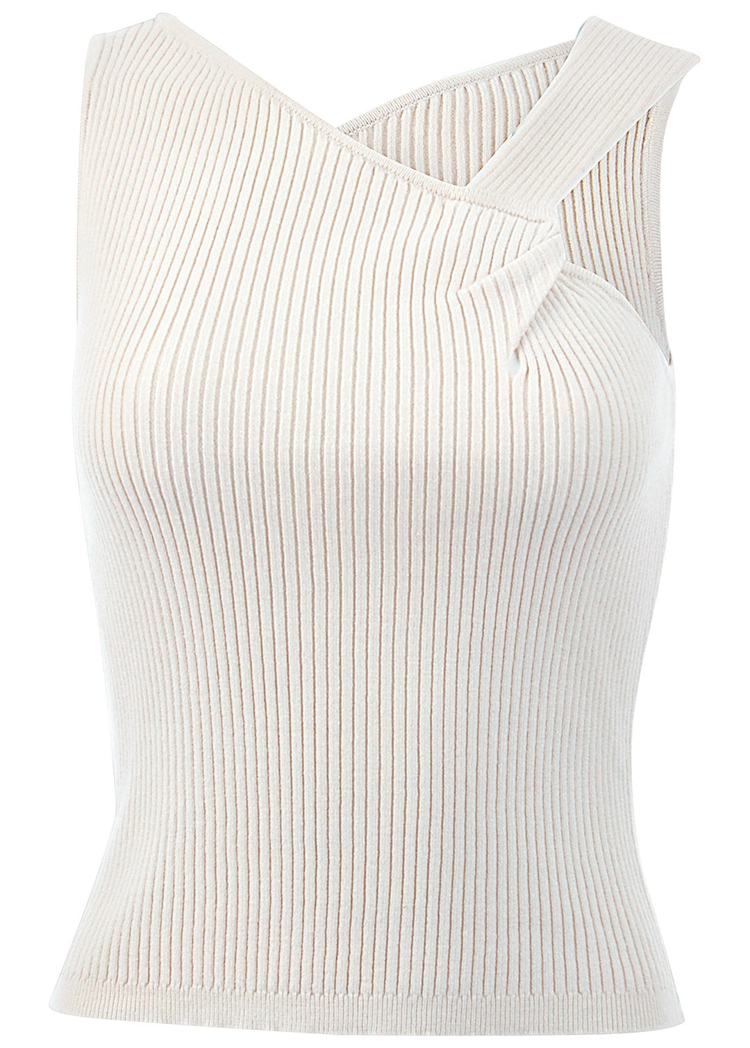 Women's white ribbed sweater tank top with asymmetric twist neckline