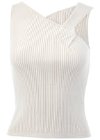 Women's white ribbed sweater tank top with asymmetric twist neckline
