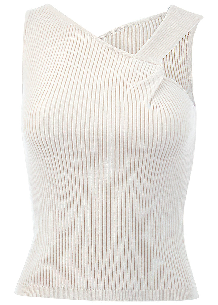 Women's white ribbed sweater tank top with asymmetric twist neckline