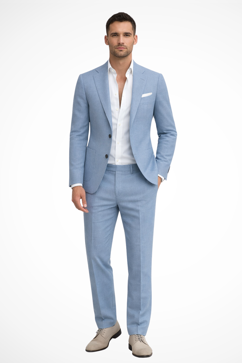 Men's tailored two-piece suit with notched-lapel blazer and matching trousers