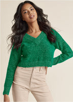 Women's green textured V-neck cropped sweater
