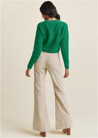 Women's green textured V-neck cropped sweater