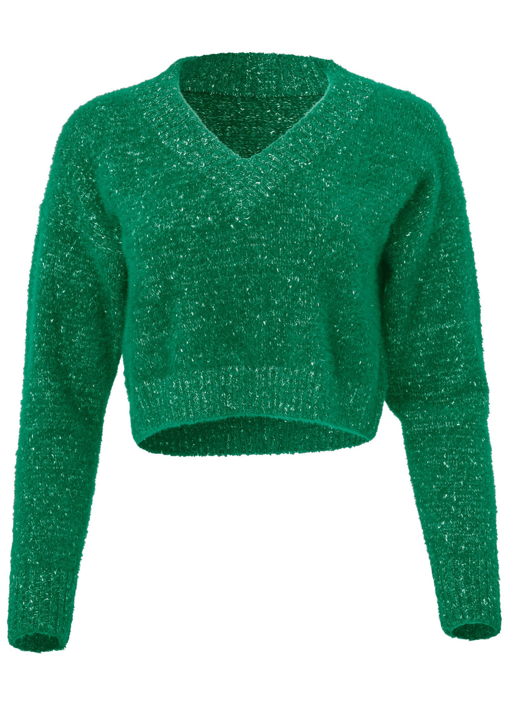 Women's green textured V-neck cropped sweater