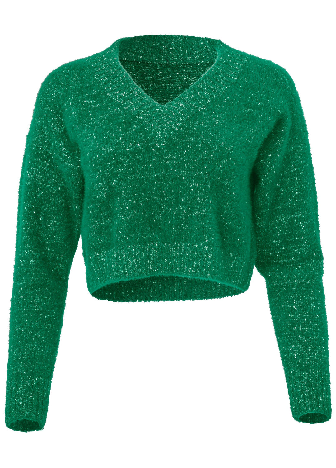 Women's green textured V-neck cropped sweater