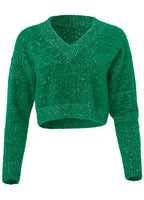 Women's green textured V-neck cropped sweater