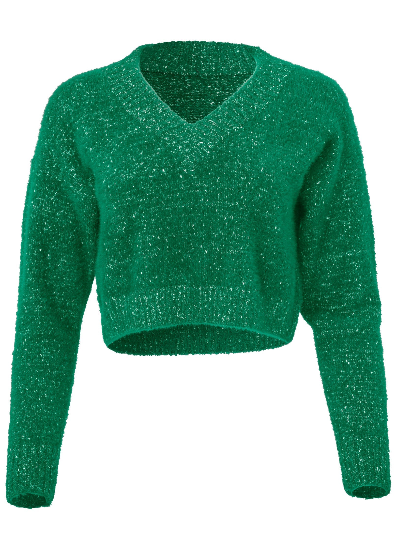 Women's green textured V-neck cropped sweater