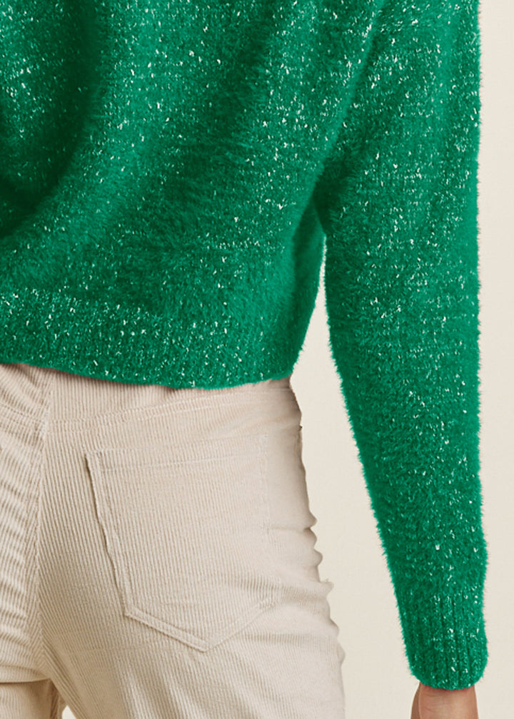 Women's green textured V-neck cropped sweater