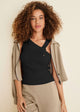 Black ribbed sweater tank with twist front and V-neckline