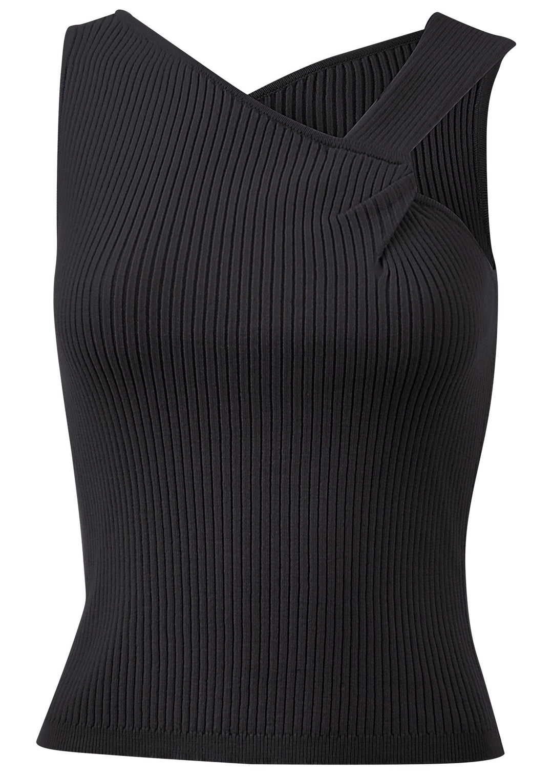 Black ribbed sweater tank with twist front and V-neckline