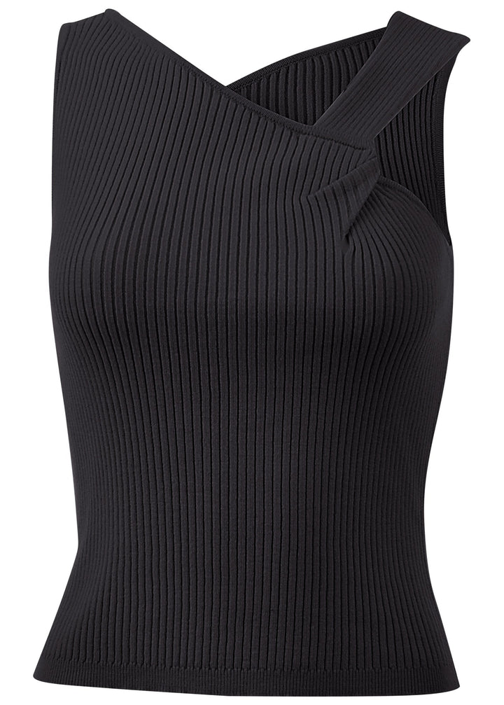 Black ribbed sweater tank with twist front and V-neckline