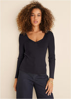 Women's black ribbed sweater with sweetheart neckline