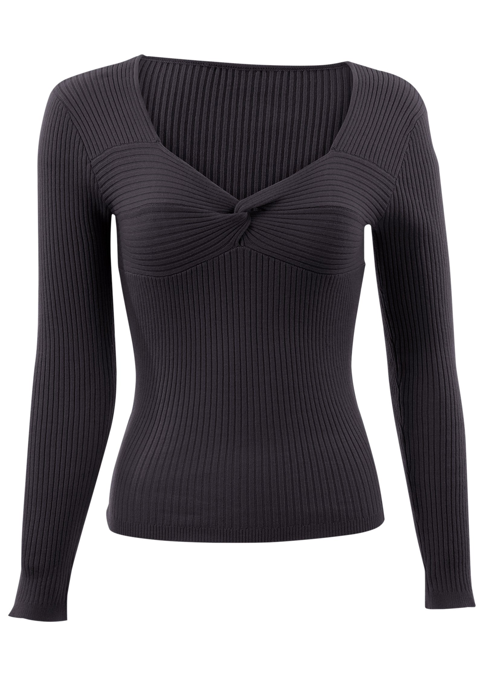 Women's black ribbed sweater with sweetheart neckline