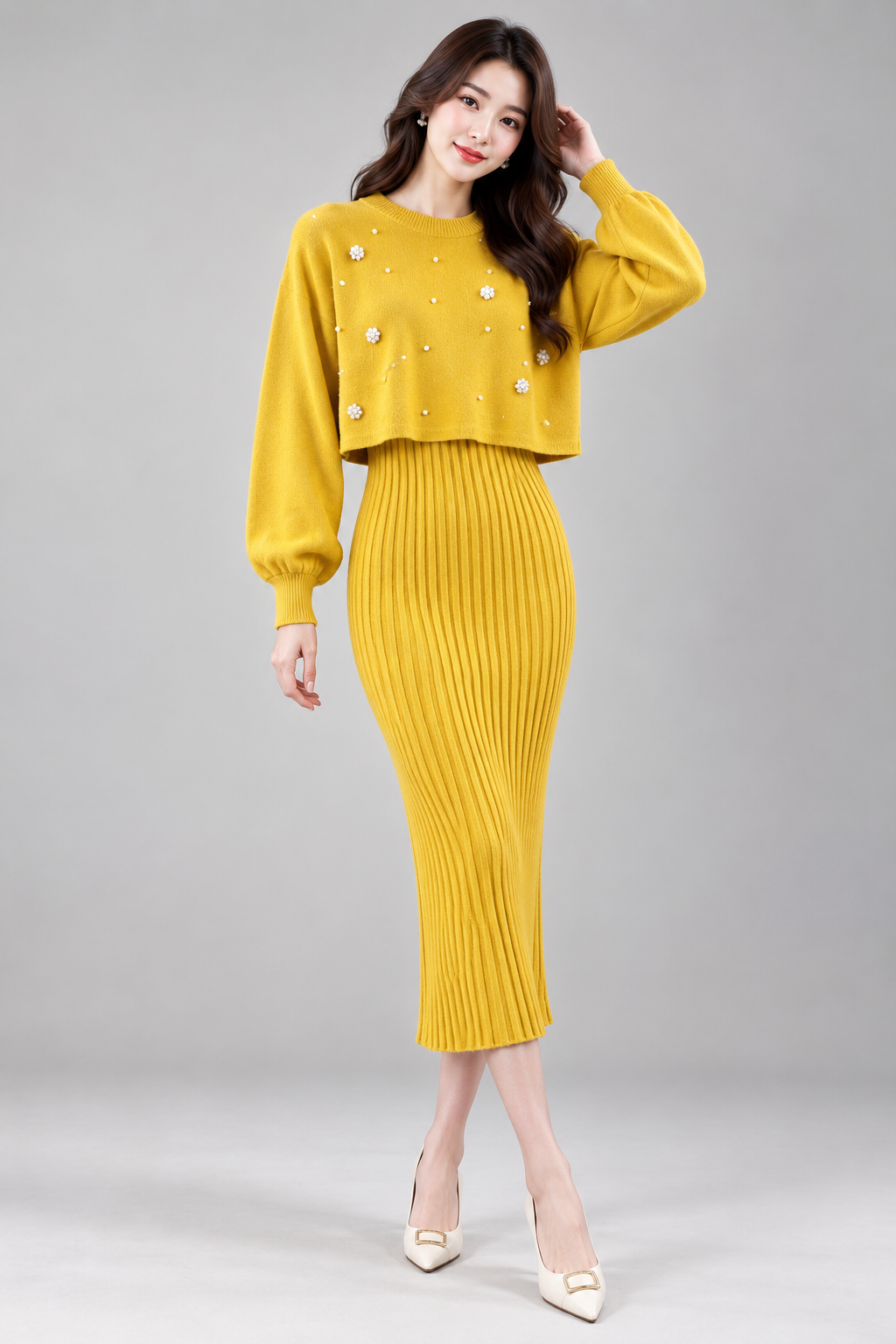 Women's Ribbed Knit Dress and Cropped Jumper Set