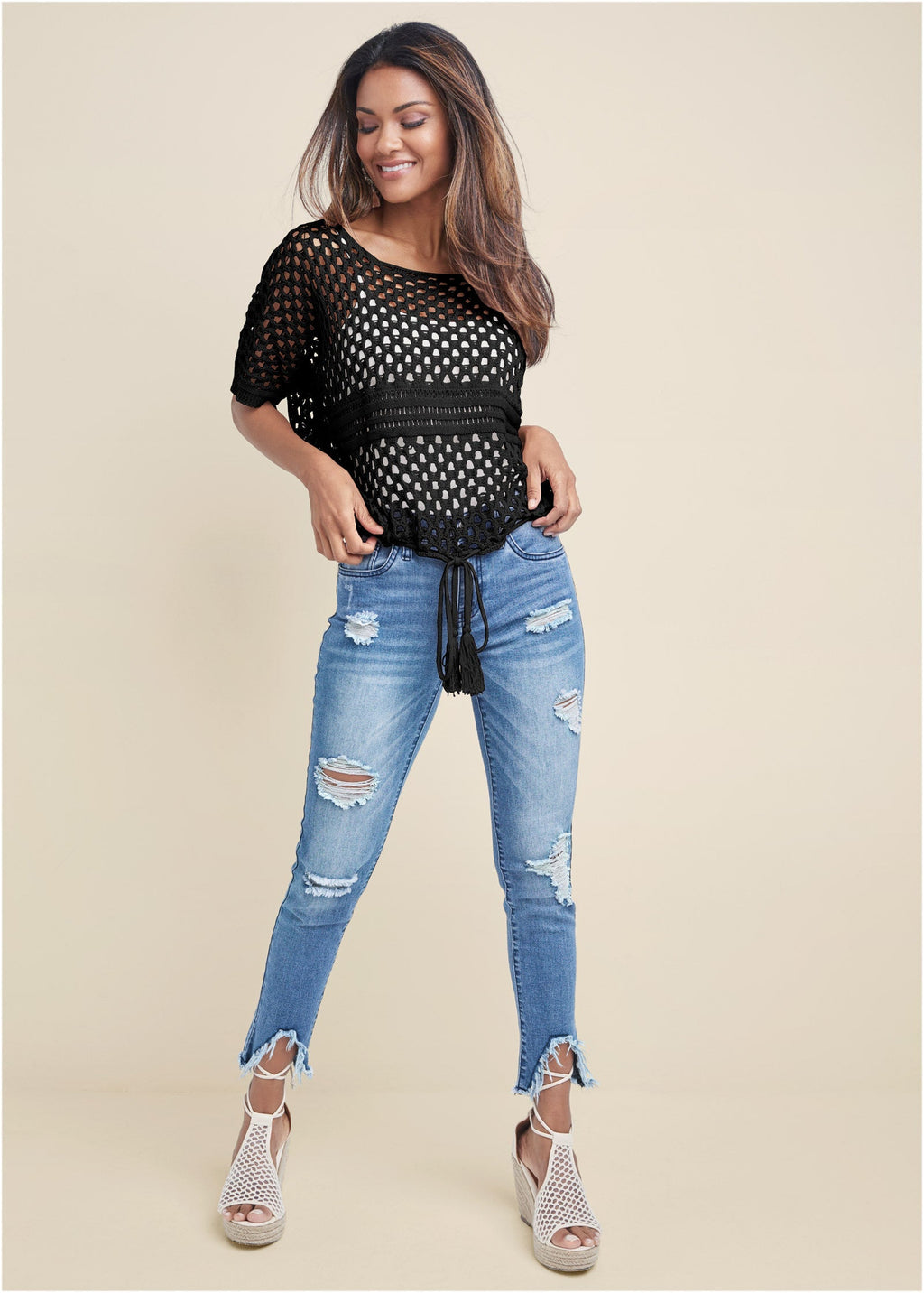Women's black open-knit sweater with short sleeves, round neckline and tassel waist tie