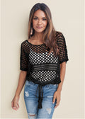 Women's black open-knit sweater with short sleeves, round neckline and tassel waist tie