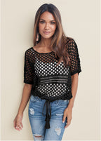 Women's black open-knit sweater with short sleeves, round neckline and tassel waist tie