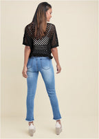 Women's black open-knit sweater with short sleeves, round neckline and tassel waist tie