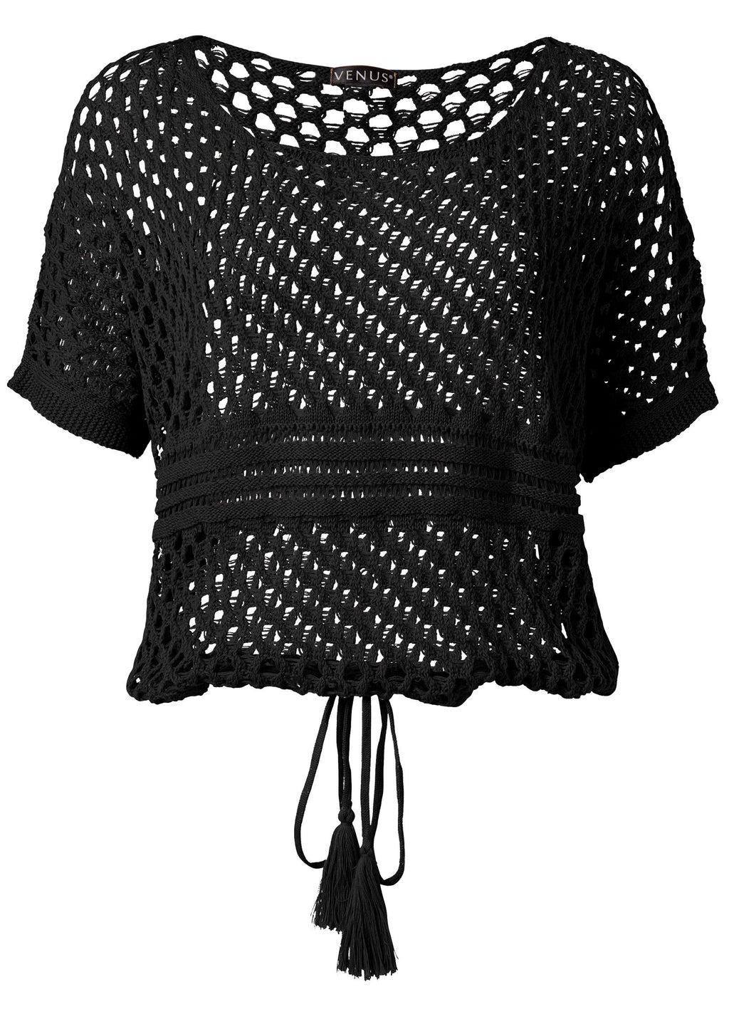 Women's black open-knit sweater with short sleeves, round neckline and tassel waist tie