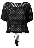 Women's black open-knit sweater with short sleeves, round neckline and tassel waist tie