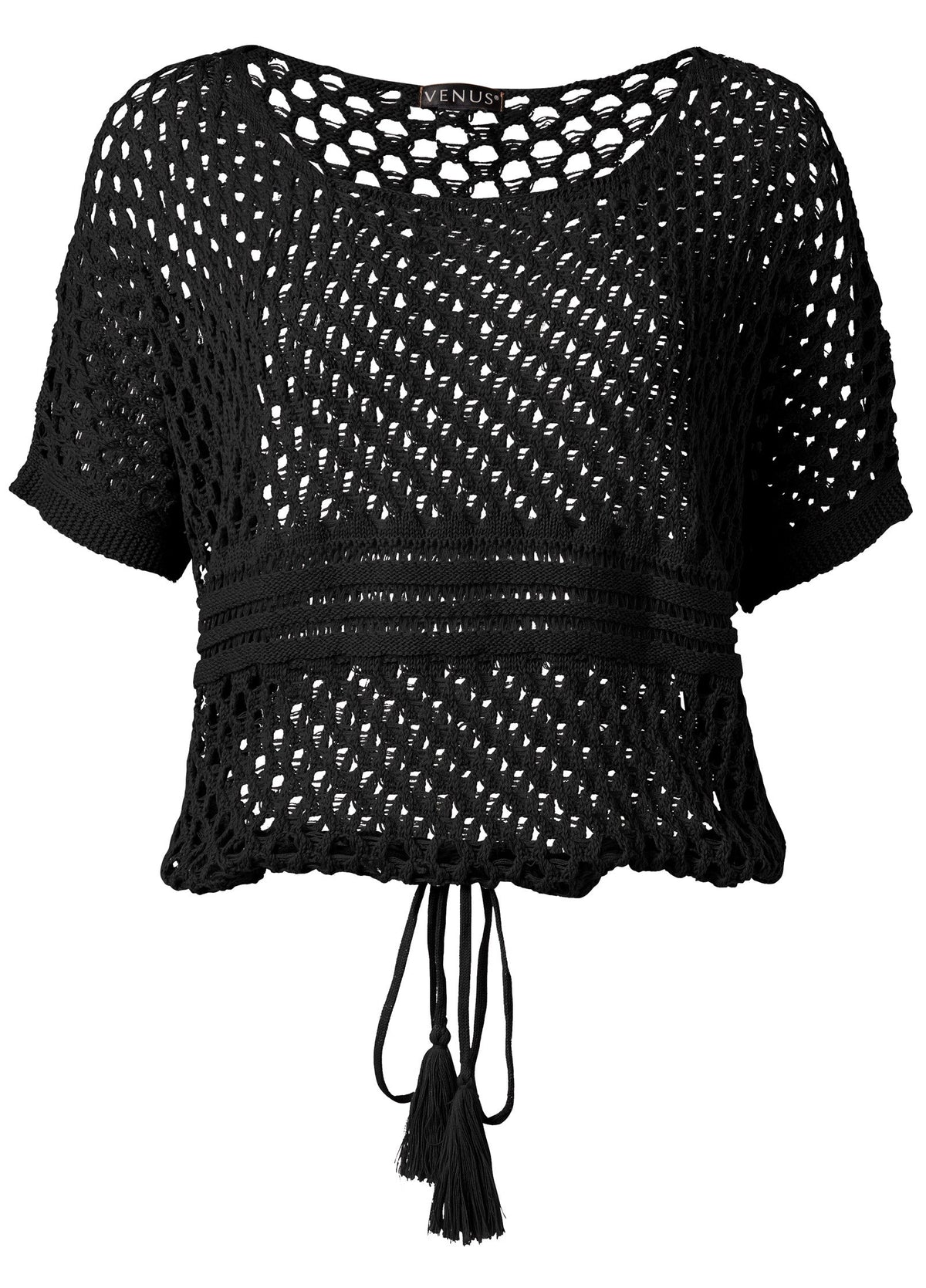 Women's black open-knit sweater with short sleeves, round neckline and tassel waist tie